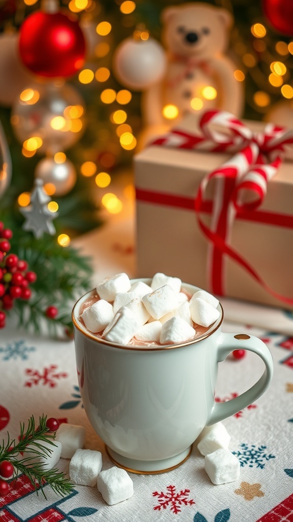A warm cup of hot cocoa with marshmallows on a festive table with Christmas decorations.
